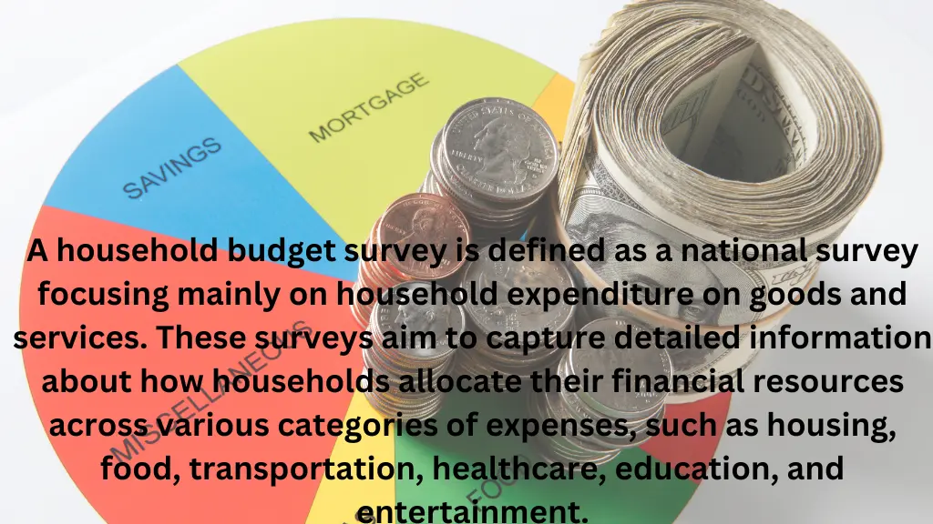 A household budget survey is defined as a national survey focusing mainly on household expenditure on goods and services. These surveys aim to capture detailed information about how households allocate their financial resources across various categories of expenses, such as housing, food, transportation, healthcare, education, and entertainment.